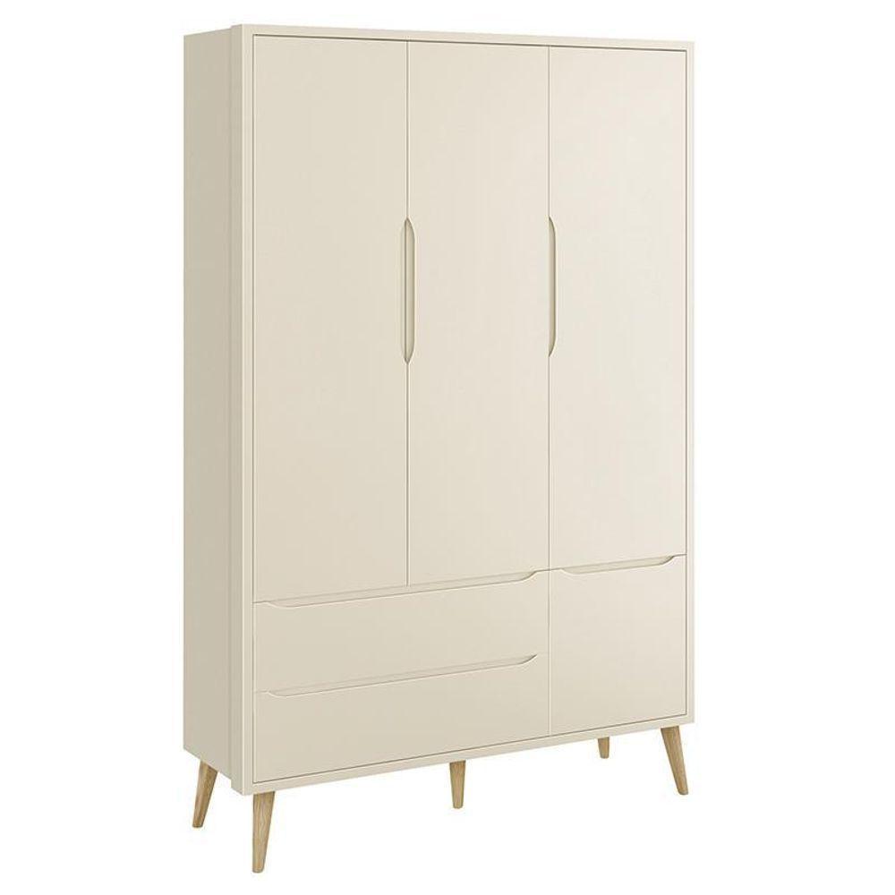 Dormitório Theo 3 Portas, Cômoda 3 Gavetas Areia Fosco Com Pés Madeira Natural E Colchão D18 Reller Móveis Areia Fosco - 5