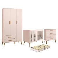 Dormitório Infantil Isis Guarda Roupa 3 Portas Cômoda E Berço Rosa Com Colchão D18 Reller Móveis Rosa - 1