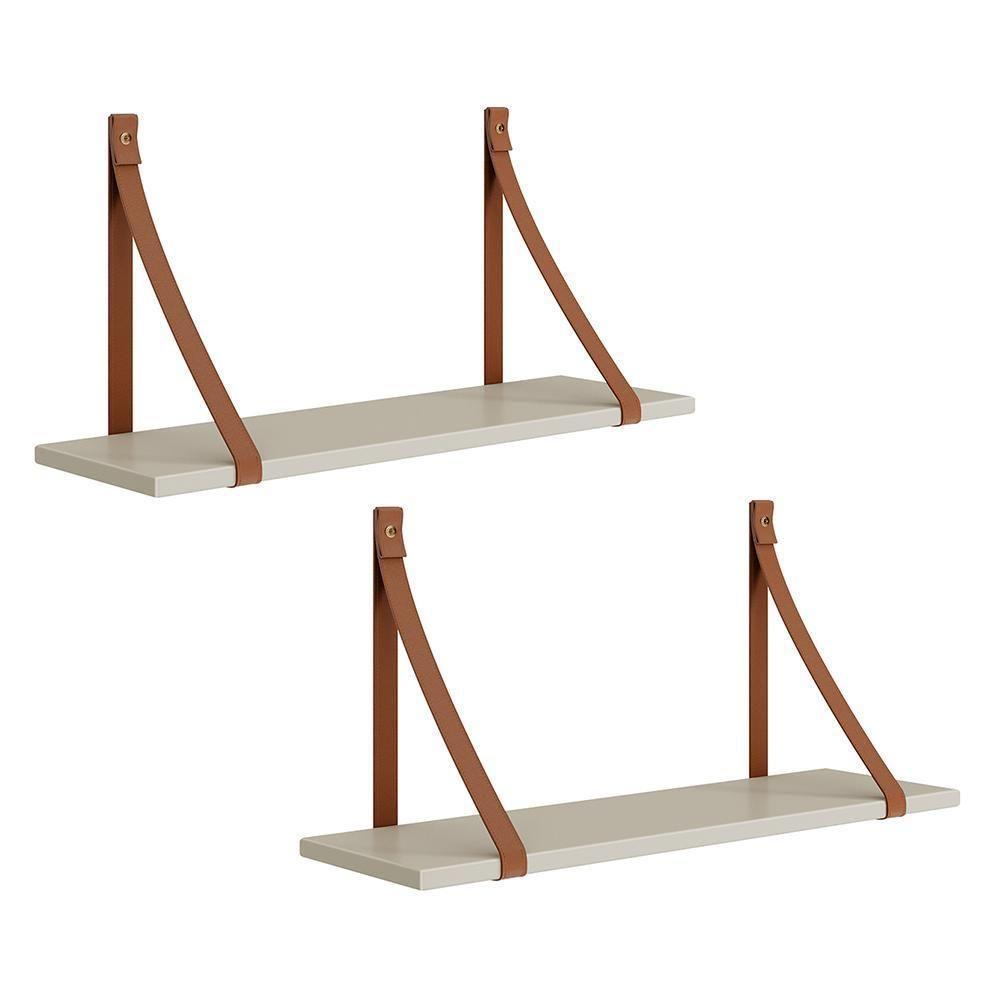 Kit 2 Prateleiras Luna 66,6cm Areia Fosco Com Alças De Couro Reller Móveis Areia Fosco - 1