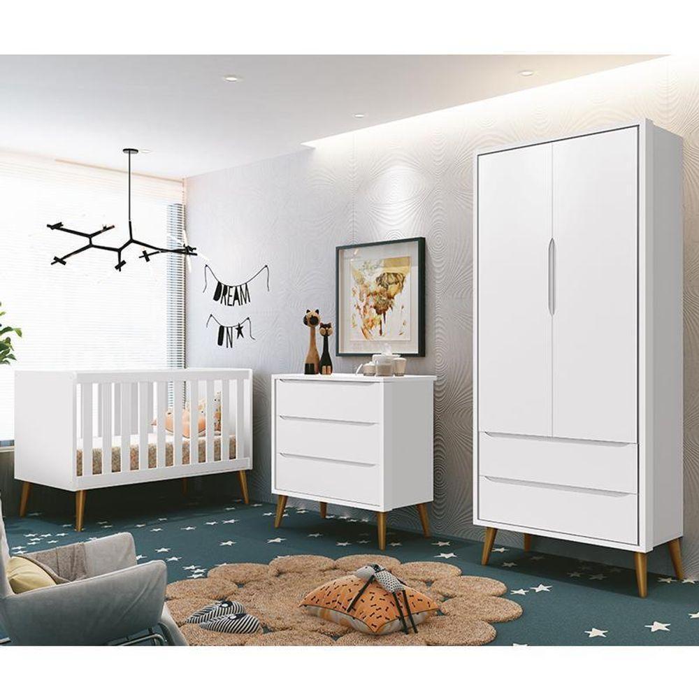 Dormitório Infantil Theo Retrô 2 Portas Cômoda E Berço Branco Fosco Com Pés Amadeirado Reller Móveis Branco Fosco - 3