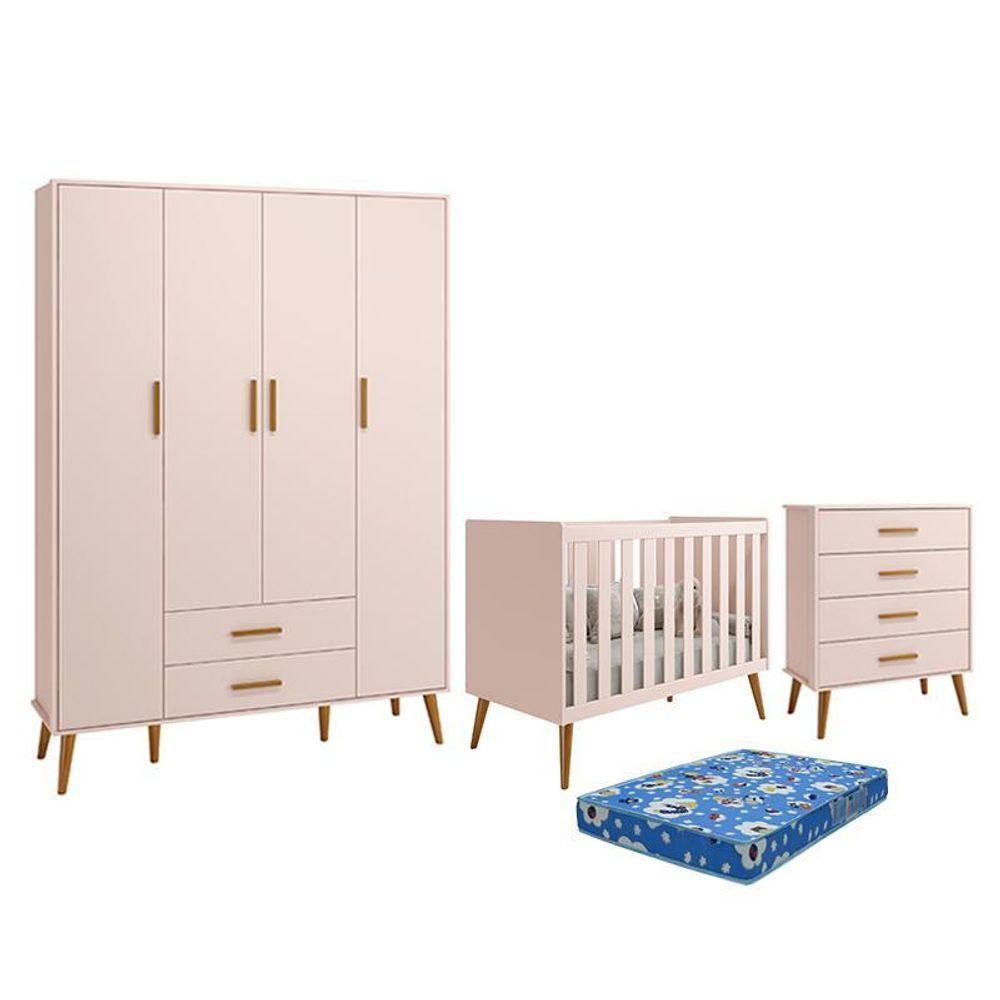 Dormitório Infantil Isis Guarda Roupa 4 Portas Cômoda E Berço Rosa Com Colchão Reller Móveis Rosa - 1