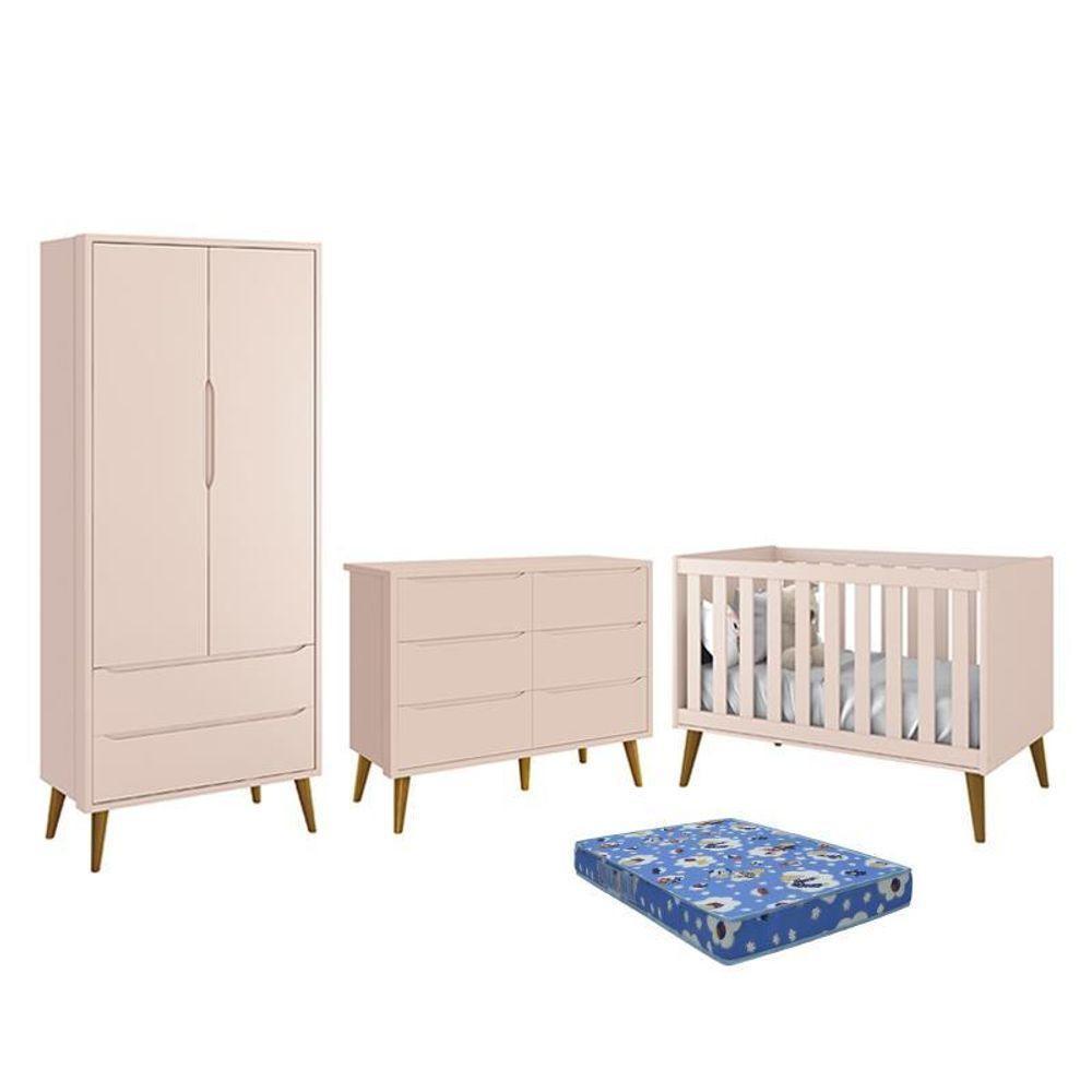 Dormitório Theo 2 Portas, Cômoda 6 Gavetas, Berço Rosa Fosco Com Pés Amadeirado E Colchão Reller Móveis Rosa Fosco - 1
