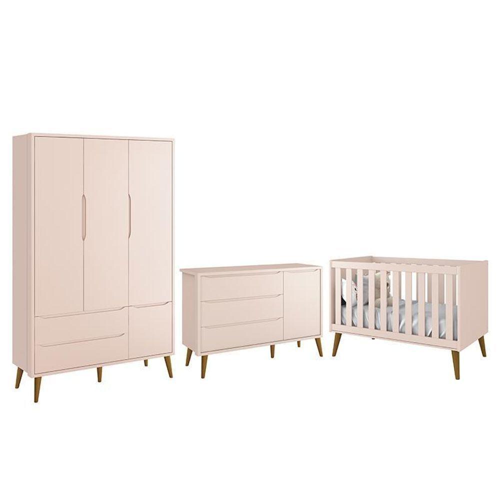 Dormitório Infantil Theo Retrô 3 Portas Cômoda 1 Porta E Berço Rosa Fosco Com Pés Amadeirado Reller Móveis Rosa Fosco - 1