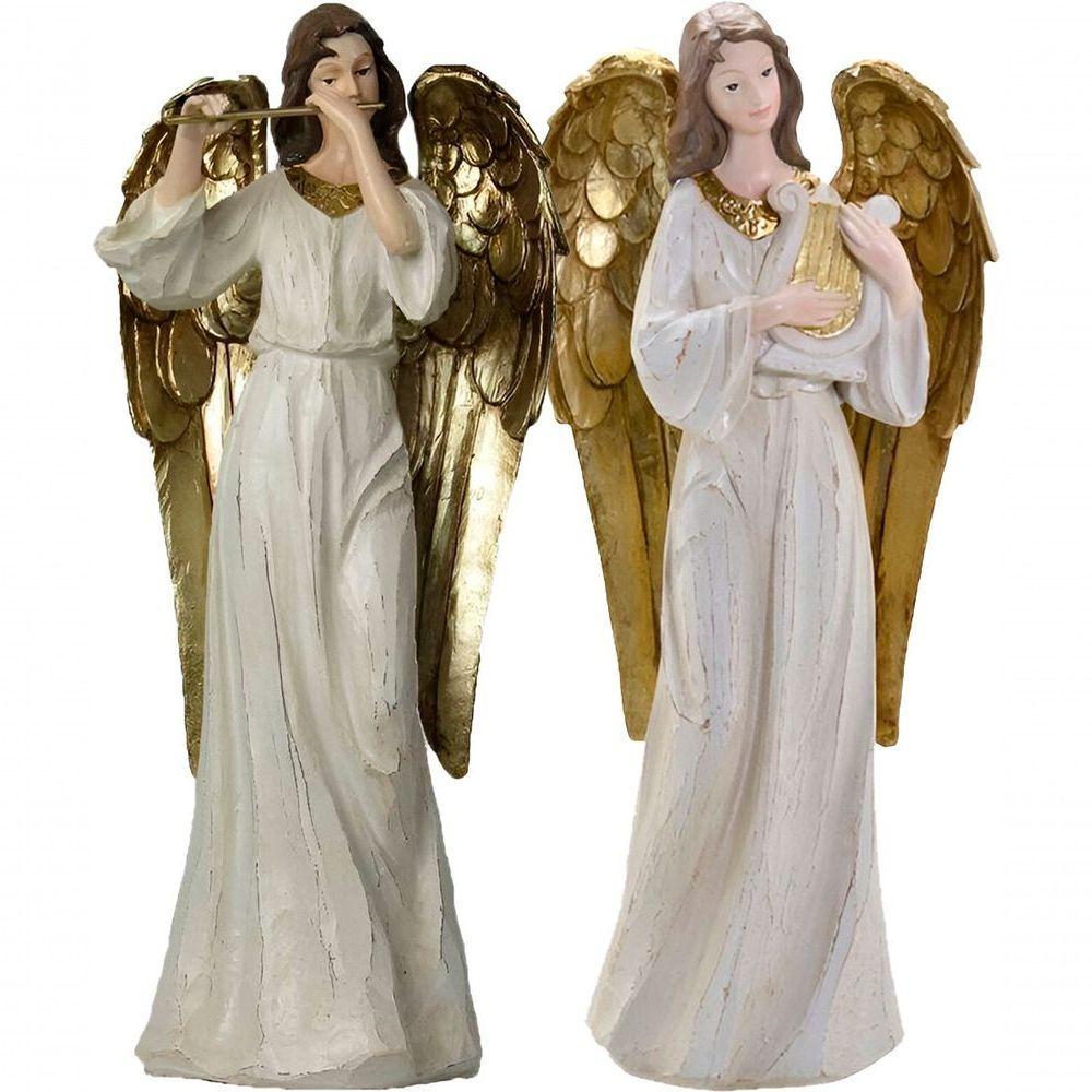 Dupla Anjos Músico Flautista Harpista Em Resina Natal 38cm - 1