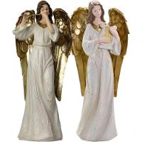 Dupla Anjos Músico Flautista Harpista Em Resina Natal 38cm - 1