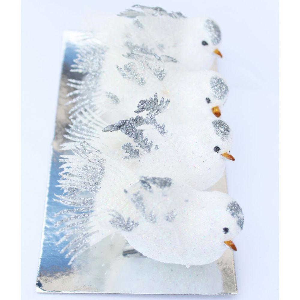 Kit 4 Decoração Natal Presilha Pássaro Branco Com Glitter - 5