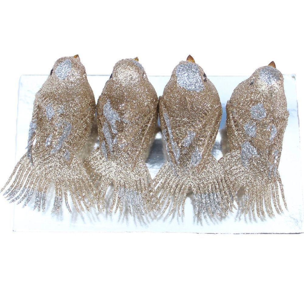 Kit 8 Decoração Natal Presilha Pássaro Bronze Com Glitter - 4