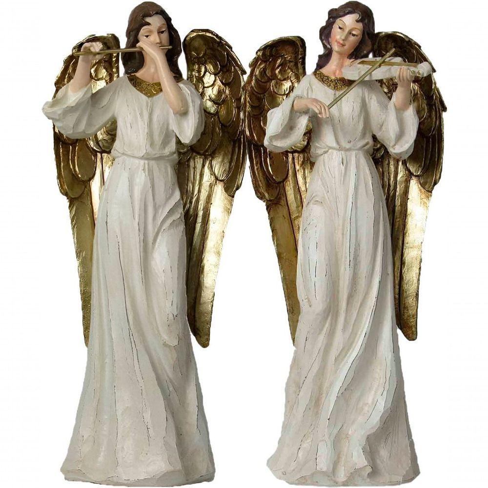 Dupla Anjos Músico Flautista Violinista Em Resina Natal 38cm - 1