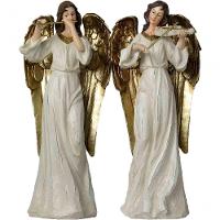 Dupla Anjos Músico Flautista Violinista Em Resina Natal 38cm - 1
