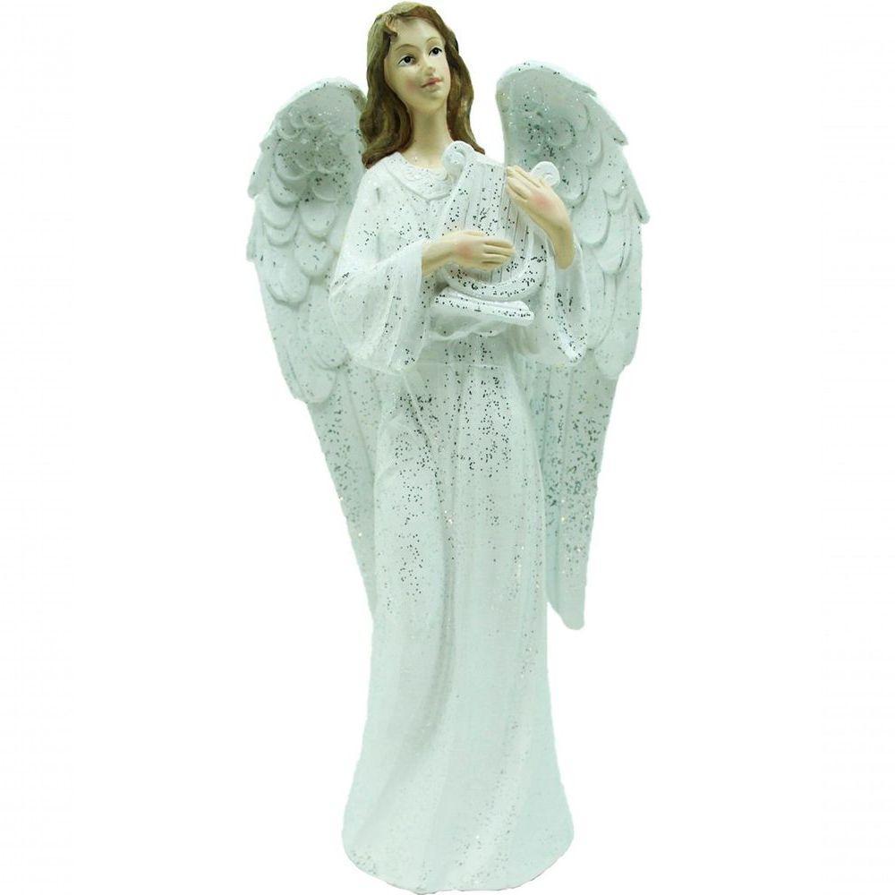 Decoração Anjo Musico Harpa Branco Resina Enfeite Natal 38cm - 1