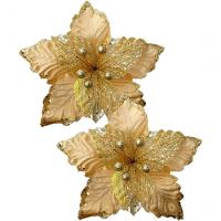 Kit 6 Flores Artificial Glitter Dourado Enfeite Natal 25cm - 1