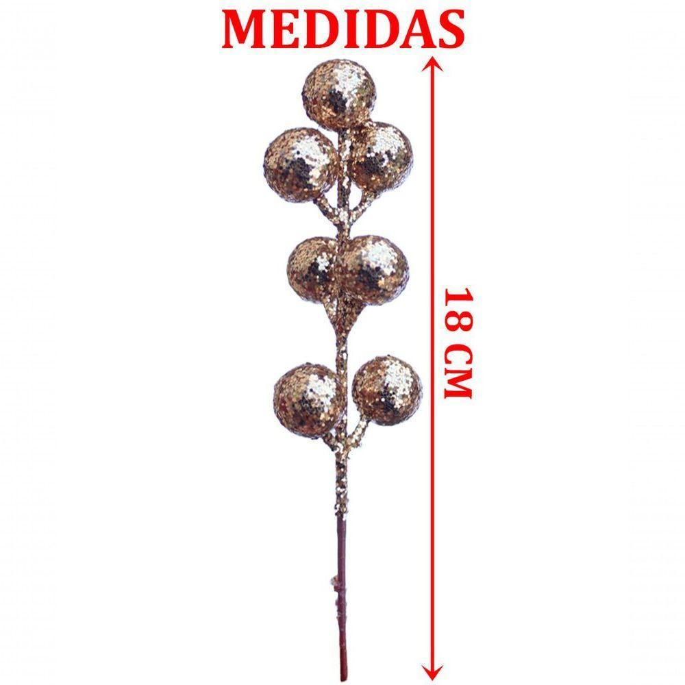 Kit 96 Galhos Frutas Artificiais Glitter Dourado Natal 18cm - 2