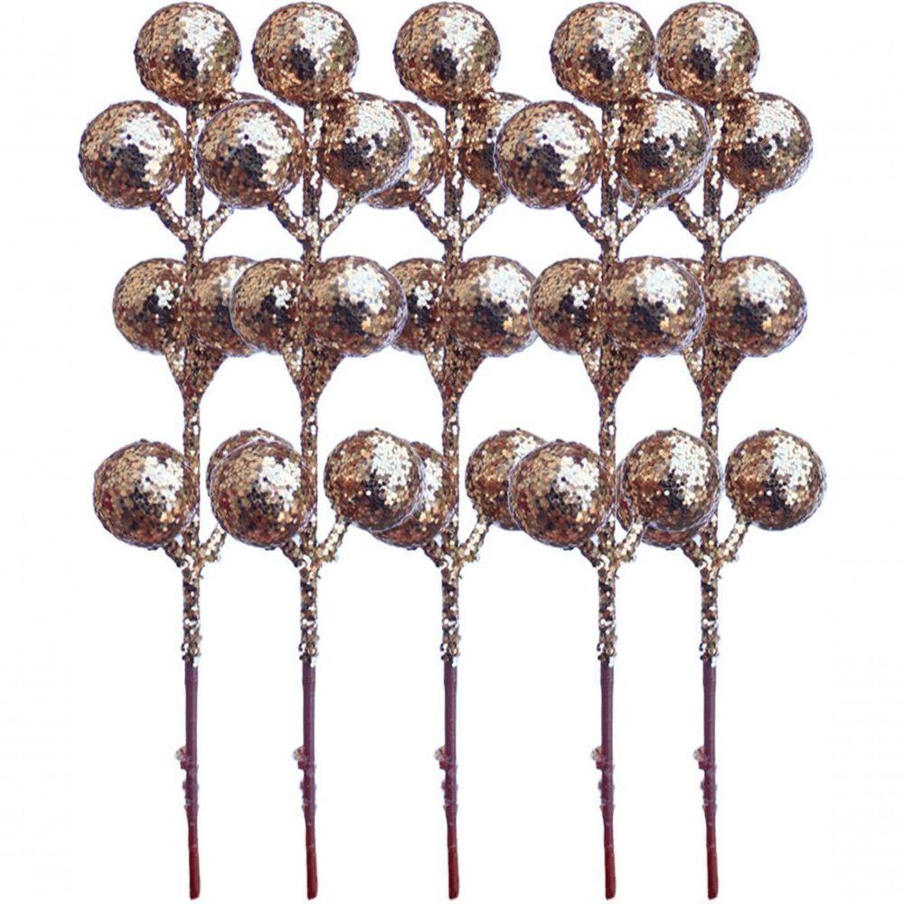 Kit 96 Galhos Frutas Artificiais Glitter Dourado Natal 18cm - 4