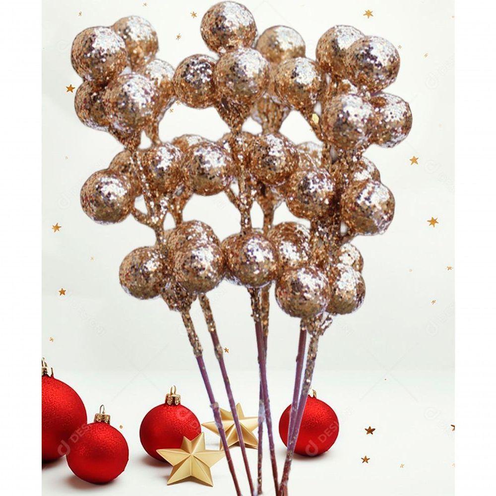 Kit 96 Galhos Frutas Artificiais Glitter Dourado Natal 18cm - 5
