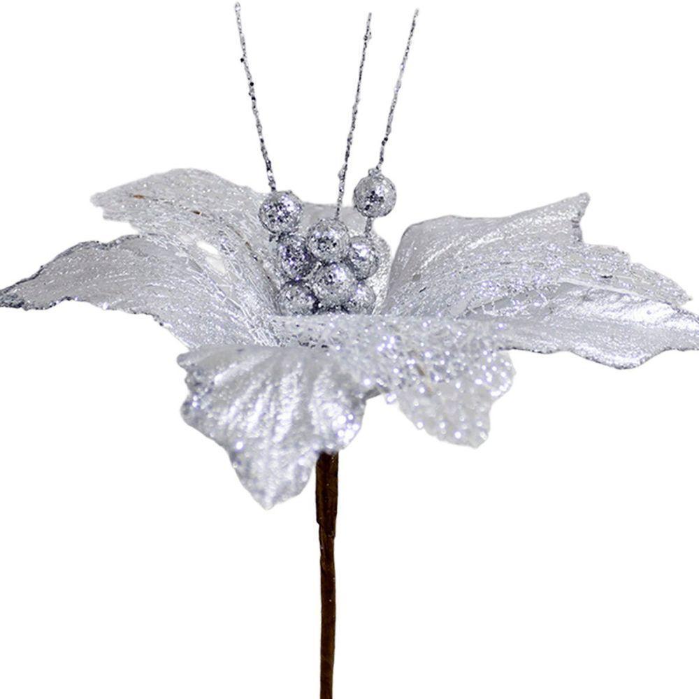 Kit 6 Flores Artificiais Decoração Natal Glitter Prata 30cm - 3