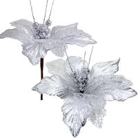 Kit 6 Flores Artificiais Decoração Natal Glitter Prata 30cm - 1
