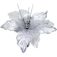 Kit 6 Flores Artificiais Decoração Natal Glitter Prata 30cm - 4