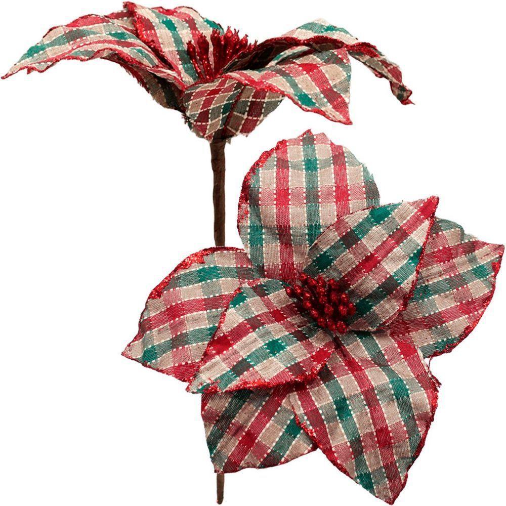 Kit 8 Flores Artificiais Xadrez Artesanal Gliter Natal 30cm - 6