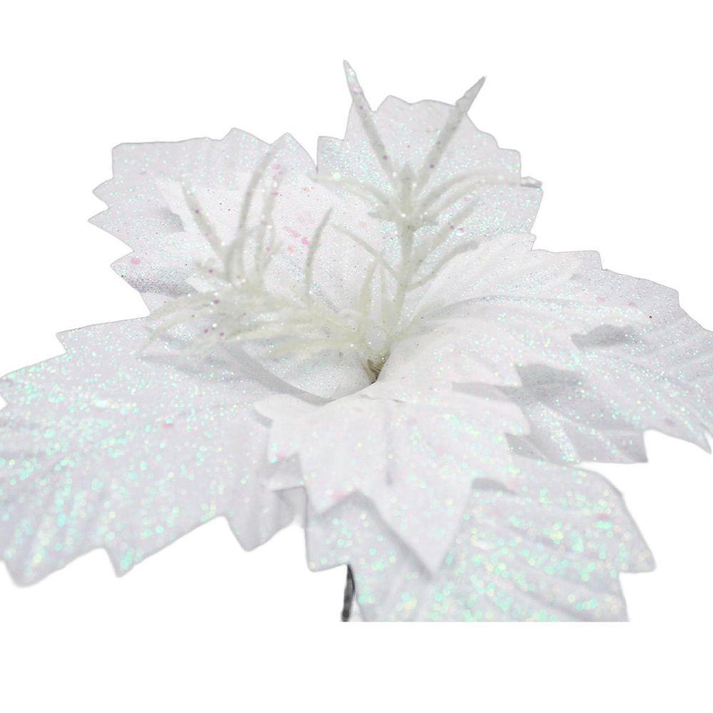 Kit 4 Flores Artificial Gliter Branco Enfeite Natalino 25cm - 3