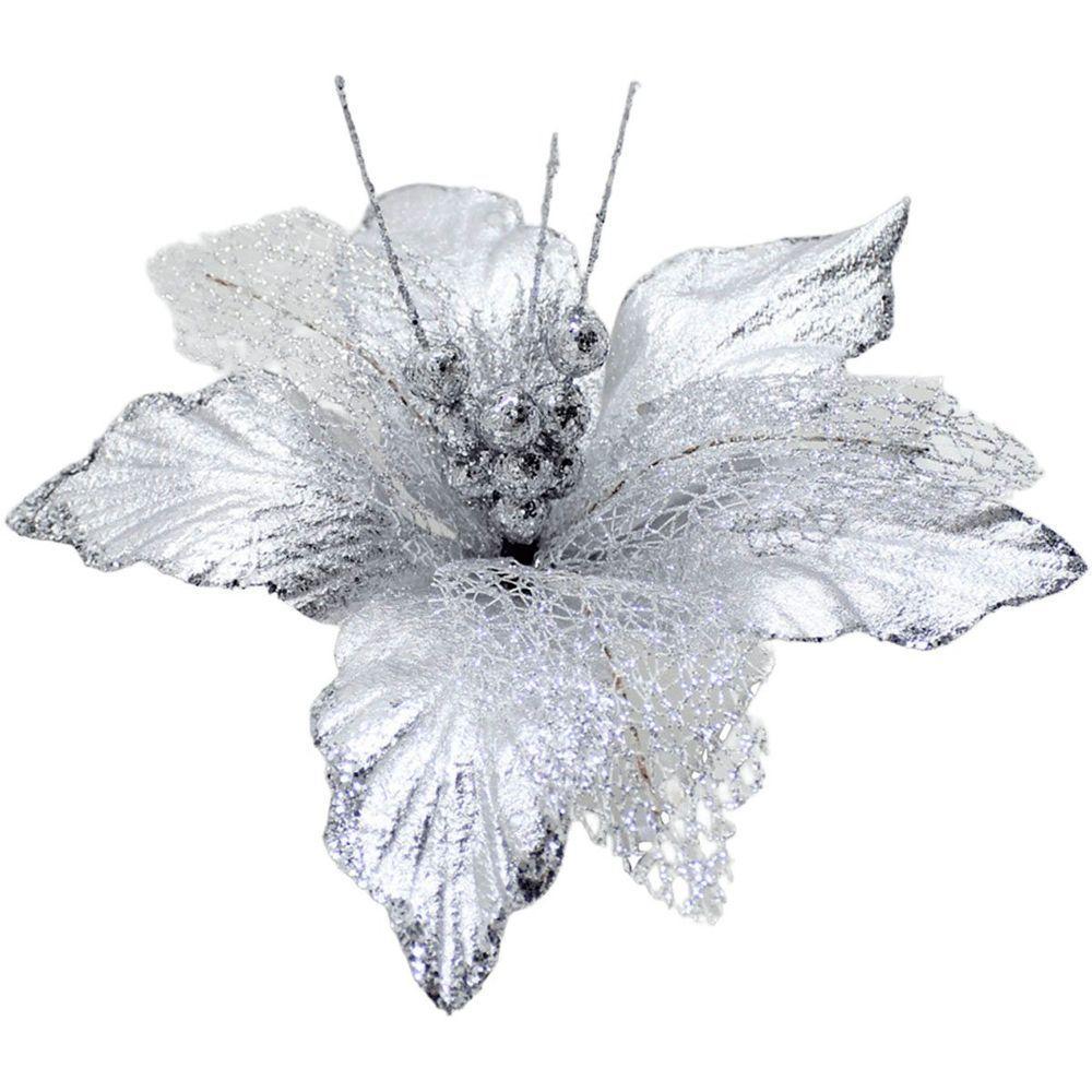 Kit 4 Flores Artificiais Decoração Natal Glitter Prata 30cm - 4