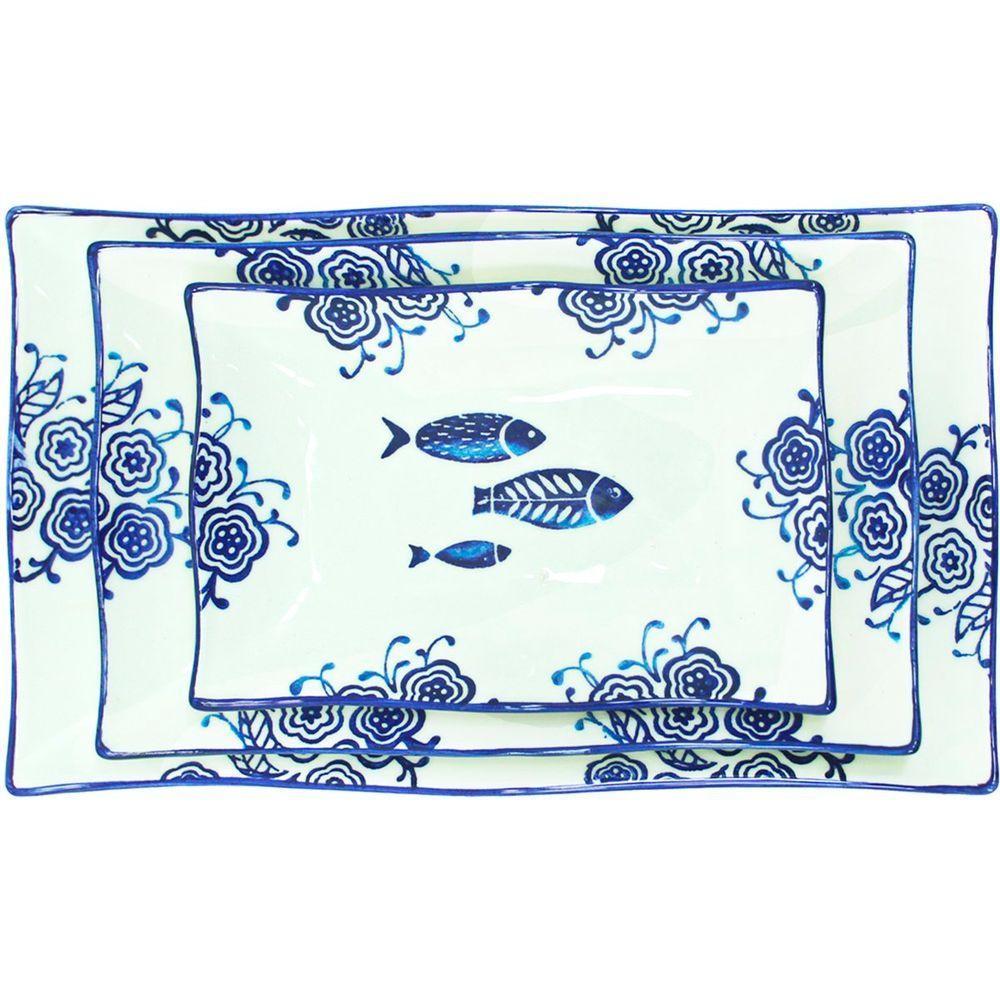 Jogo Petisqueiras Bandeja Peixe 18pçs Travessas Bowl Oceano - 1