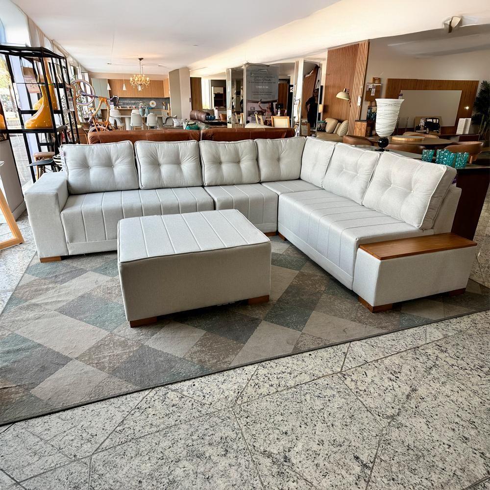 Sofá De Canto Malibu 3,20m X 2,40m Com Puff Linho Bege - 4