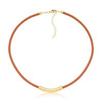 Colar De Couro Natural Caramelo Com Canutilho Curto Revestido Em Ouro - 1