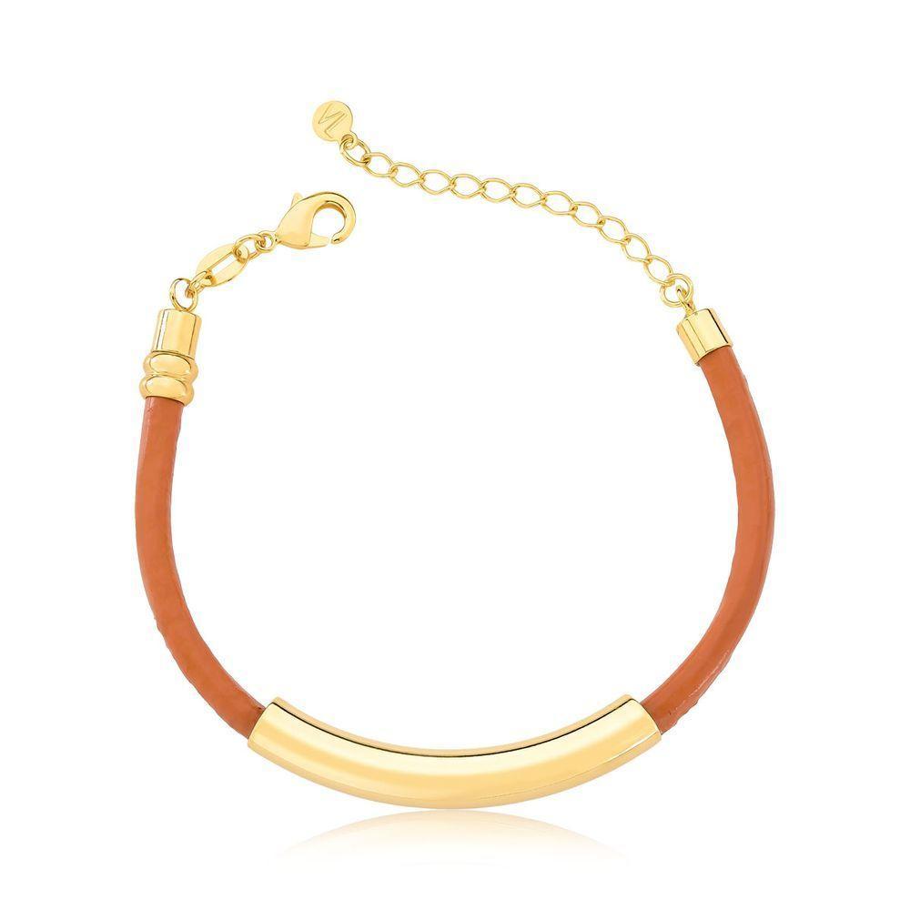 Pulseira De Couro Natural Caramelo Com Canutilho Revestimento Em Ouro - 1