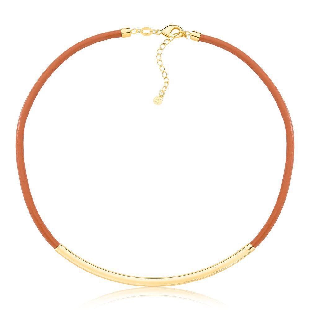 Colar De Couro Natural Caramelo Com Canutilho Longo Revestido Em Ouro - 1