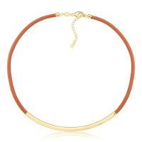 Colar De Couro Natural Caramelo Com Canutilho Longo Revestido Em Ouro - 1