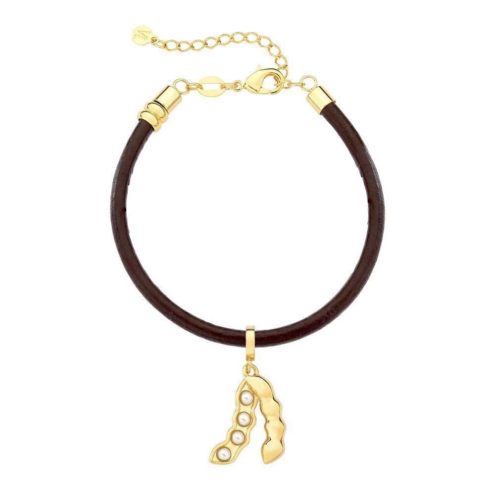 Pulseira De Couro Natural Com Charm Soja 4 Pérolas - 1