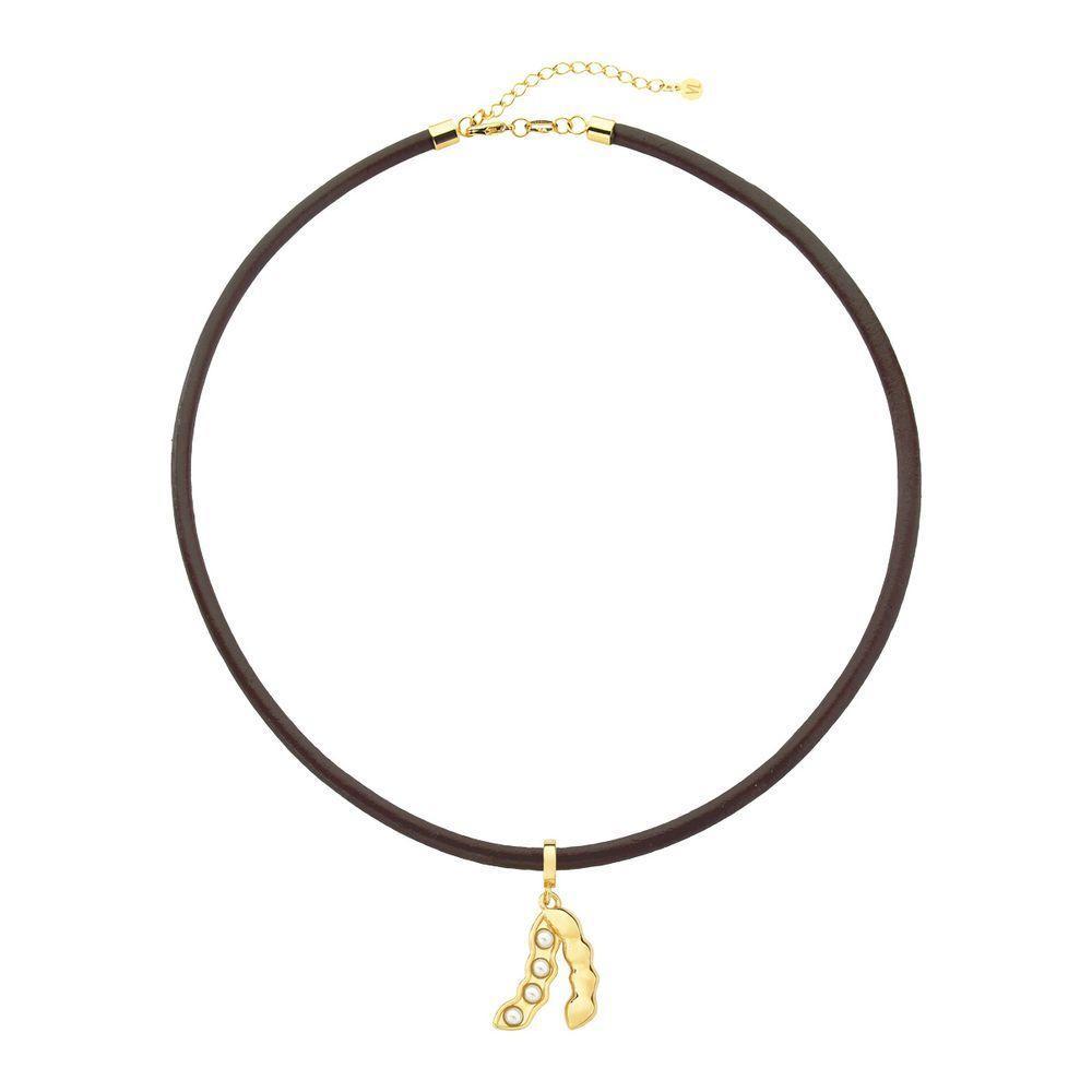 Colar De Couro Natural Com Charm Soja 4 Pérolas - 1