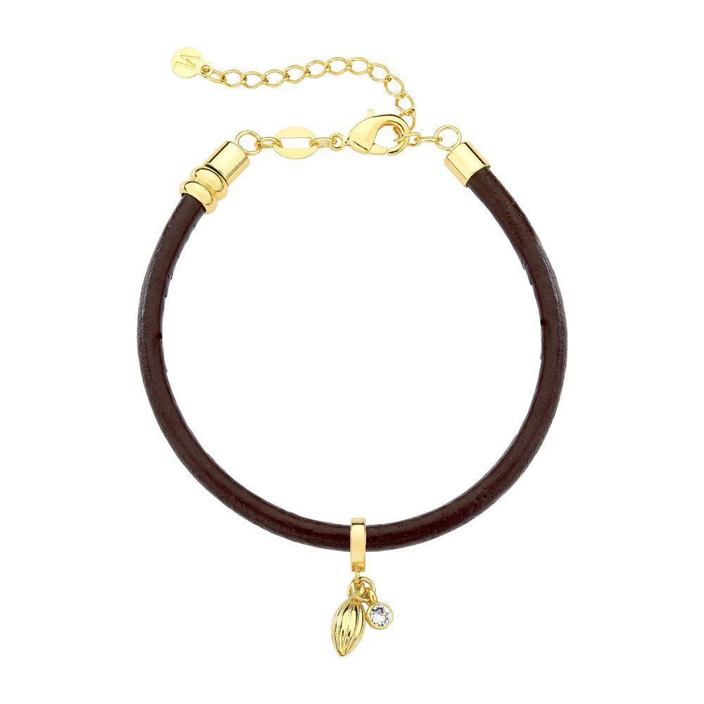 Pulseira De Couro Cacau Com Ponto De Luz Revestido Em Ouro - 1
