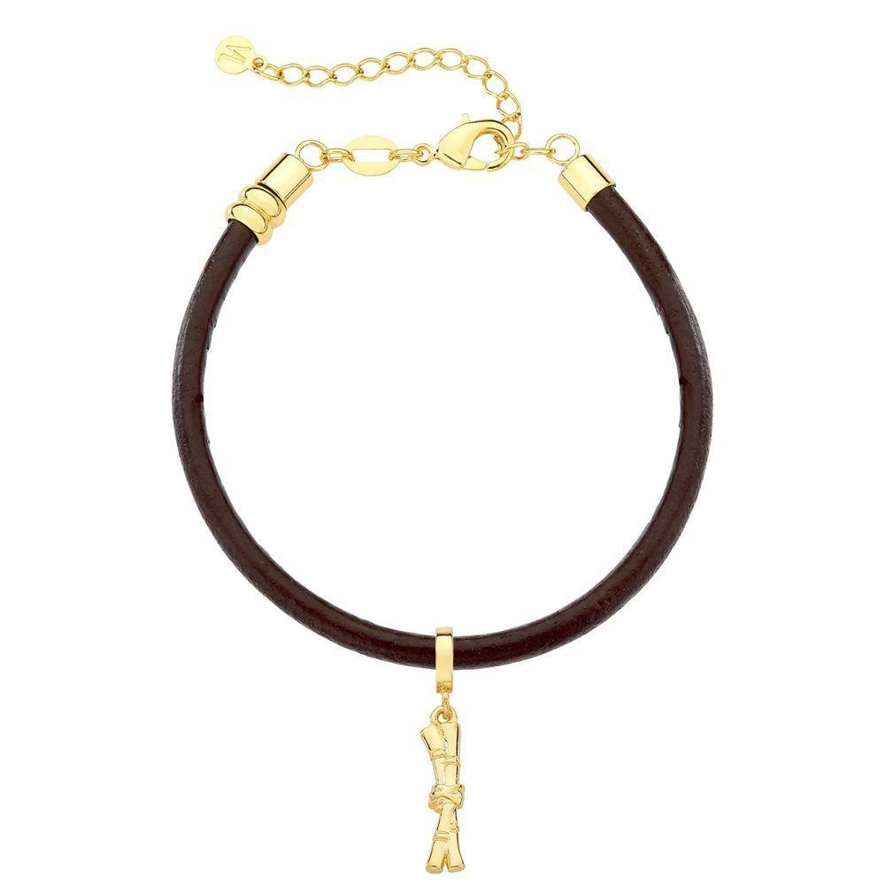 Pulseira De Couro Natural Com Charm Cana De Açúcar Revestido Em Ouro - 1