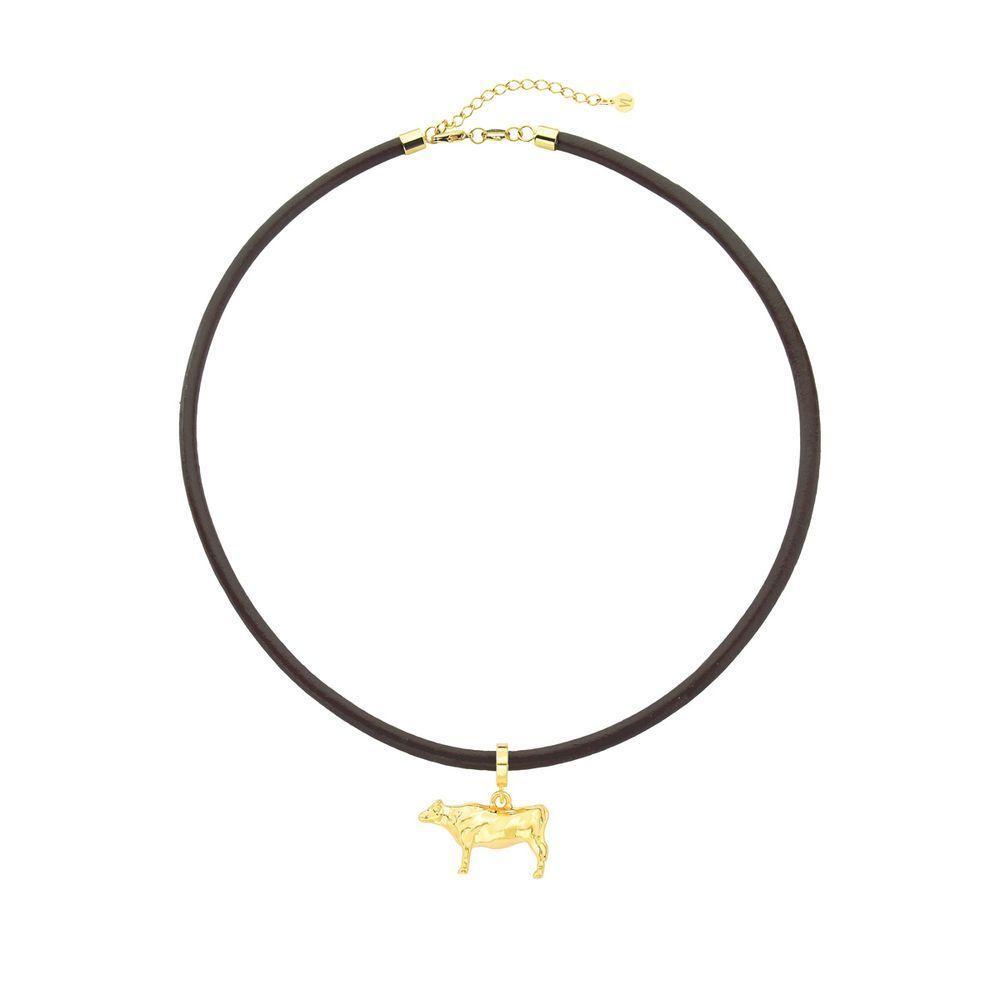 Colar De Couro Natural Café Com Pingente Boi Revestido Em Ouro Tamanho 52cm - 1