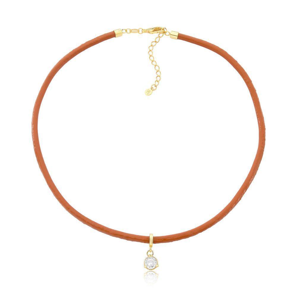 Colar De Couro Natural Caramelo Com Ponto De Luz Revestido Em Ouro - 1