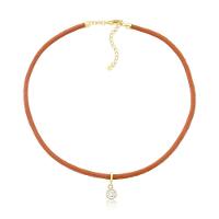 Colar De Couro Natural Caramelo Com Ponto De Luz Revestido Em Ouro - 1