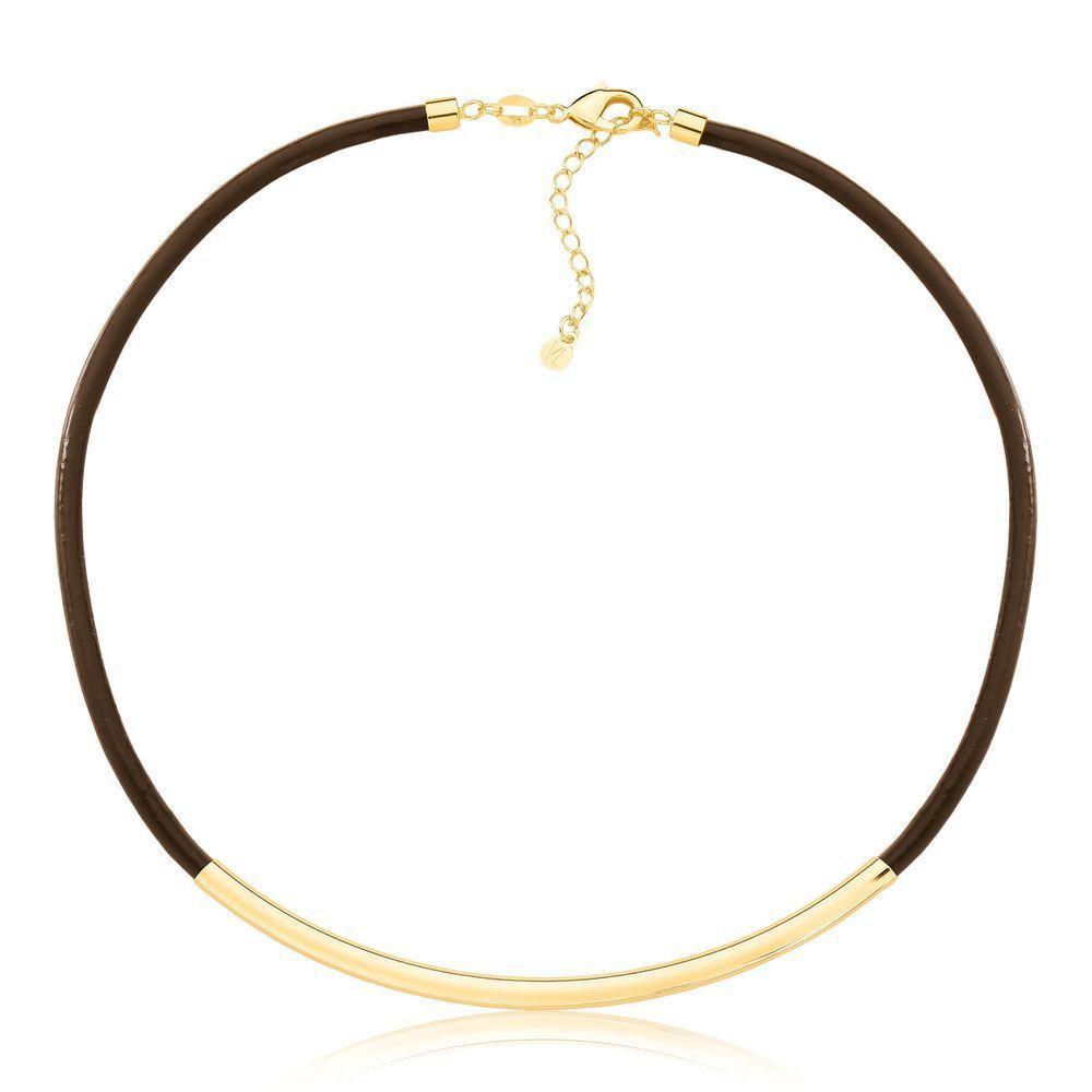 Colar De Couro Natural Café Com Canutilho Longo Revestido Em Ouro - 1