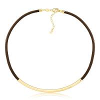 Colar De Couro Natural Café Com Canutilho Longo Revestido Em Ouro - 1