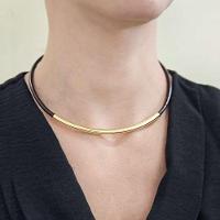 Colar De Couro Natural Café Com Canutilho Longo Revestido Em Ouro - 3