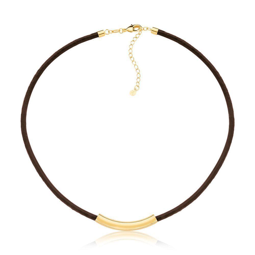 Colar De Couro Natural Café Com Canutilho Curto Revestido Em Ouro - 1