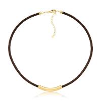 Colar De Couro Natural Café Com Canutilho Curto Revestido Em Ouro - 1