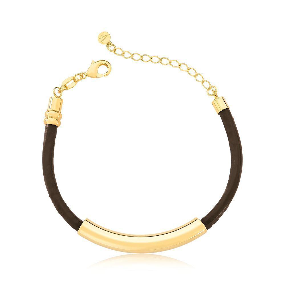 Pulseira De Couro Natural Café Com Canutilho Revestimento Em Ouro - 1