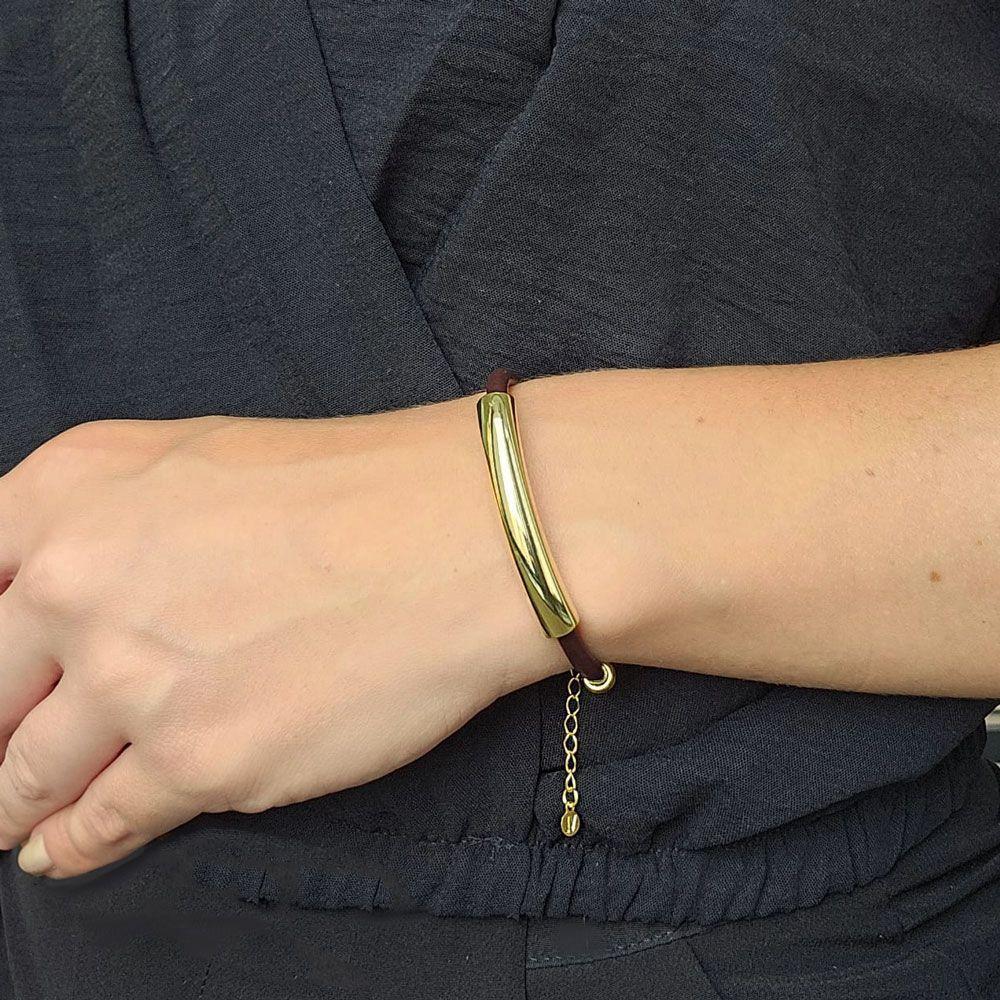 Pulseira De Couro Natural Café Com Canutilho Revestimento Em Ouro - 2