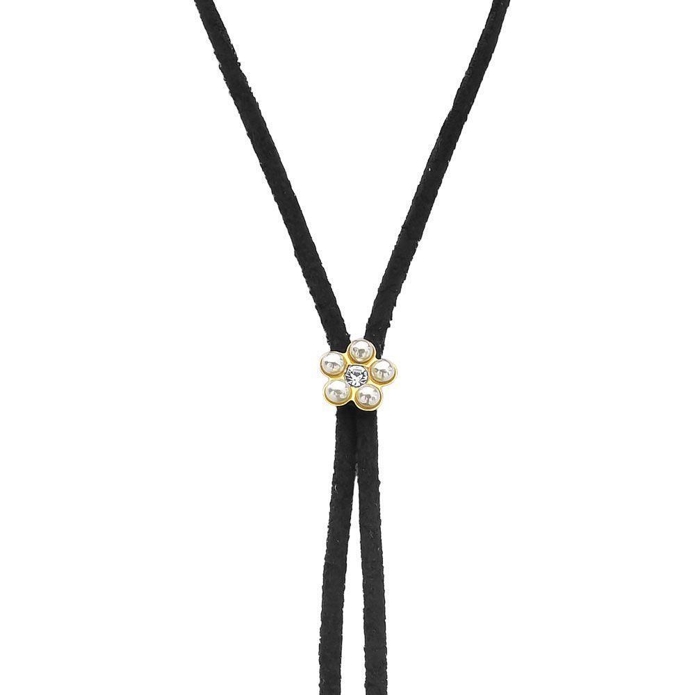 Cordão De Camurça Com Flor De Pérolas E Ponteiras Douradas - 1