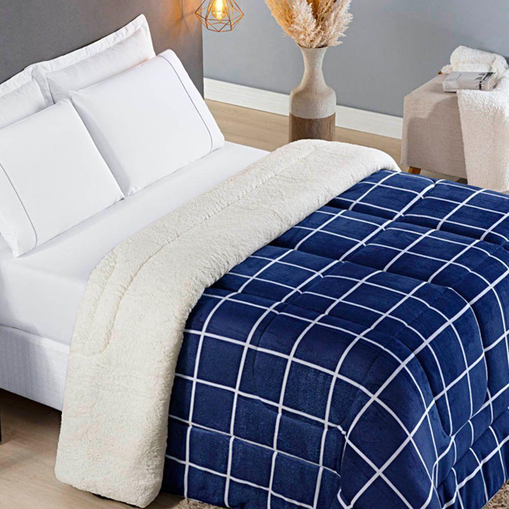 Edredom Coberdrom Austim Solteiro Original Sherpa E Manta - Marinho - 1