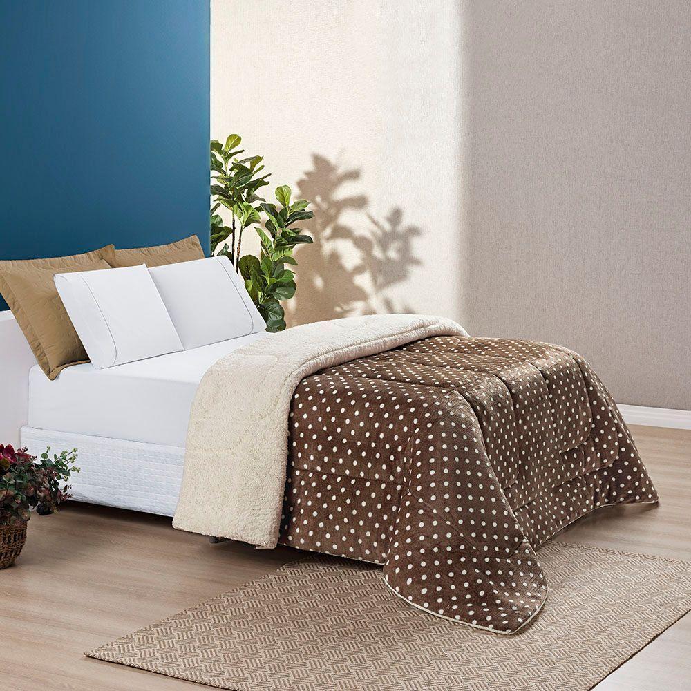Edredom Coberdrom Romantico Poá Solteiro Sherpa E Manta Flannel - Caqui - 1
