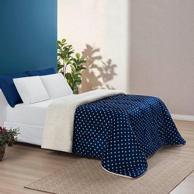 Edredom Coberdrom Romantico Poá Queen Sherpa E Manta Flannel - Marinho