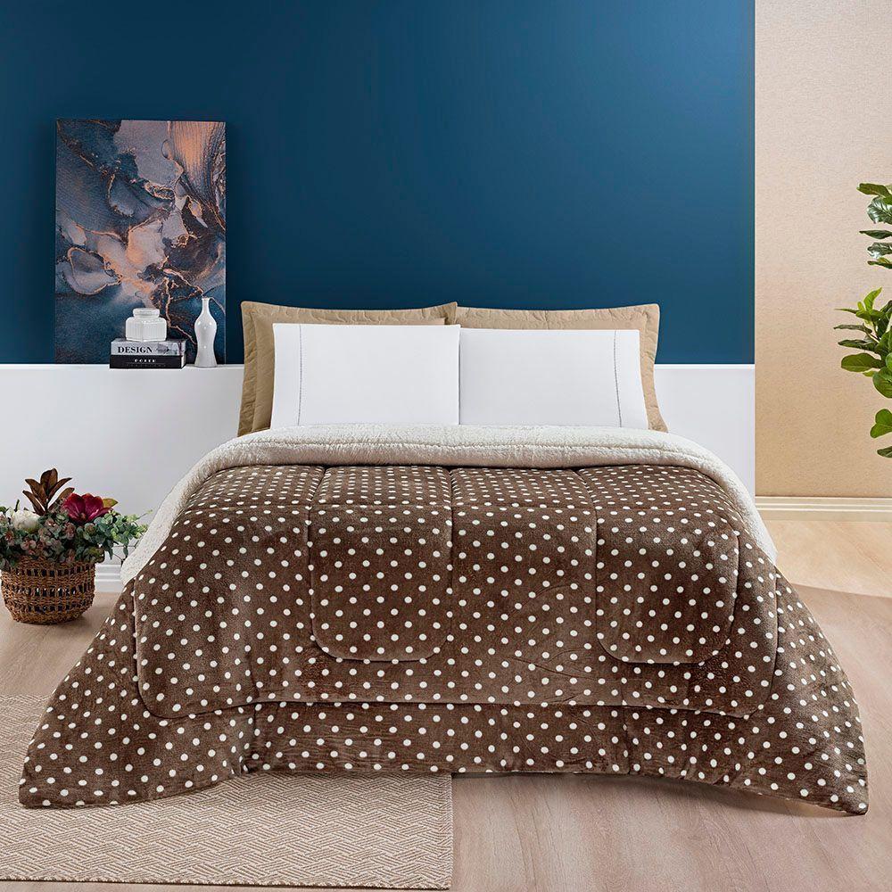 Edredom Coberdrom Romantico Poá Queen Sherpa E Manta Flannel - Cáqui - 3