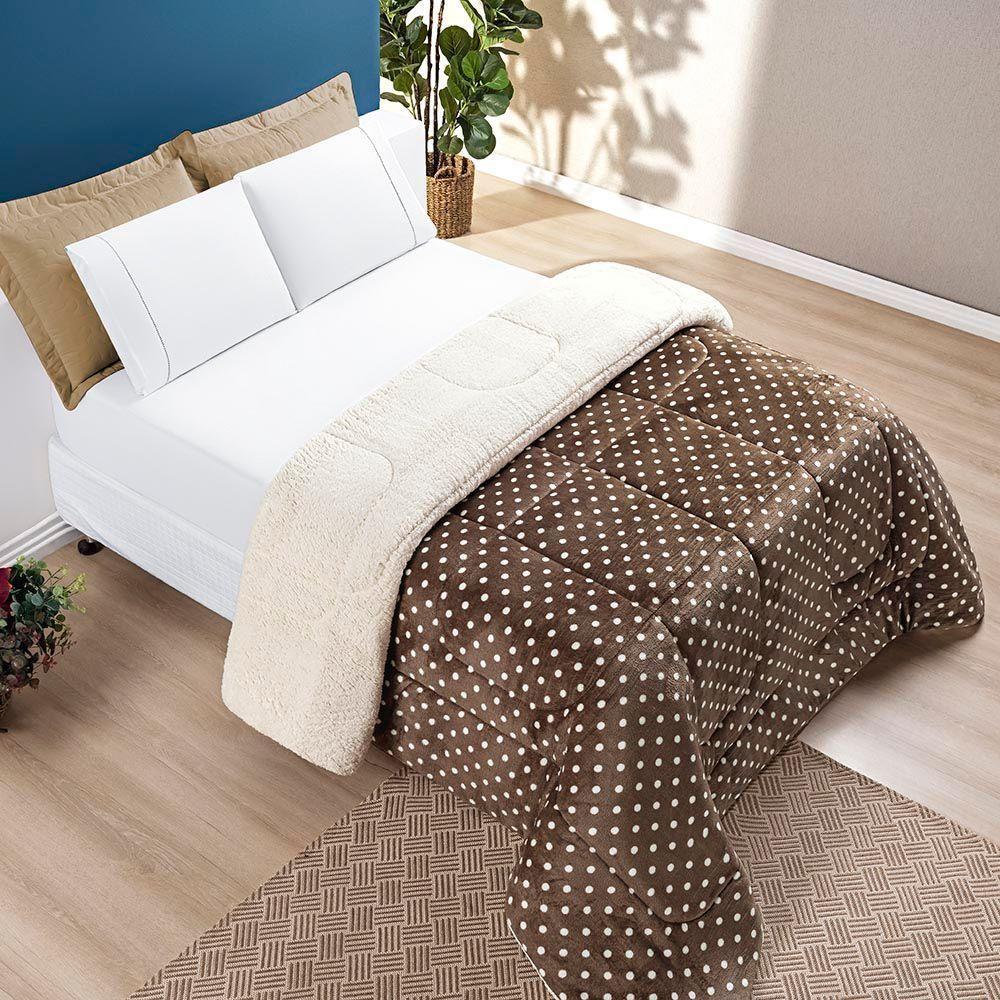 Edredom Coberdrom Romantico Poá Queen Sherpa E Manta Flannel - Cáqui - 4